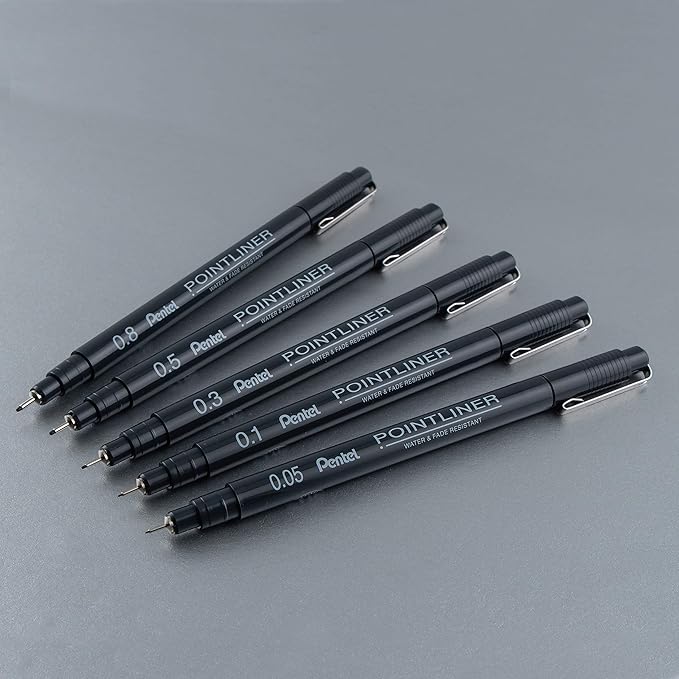 Pentel Arts Pointliner Drawing Pen, 5-Pack, Assorted Sizes, Black Ink (S20PBP5A)