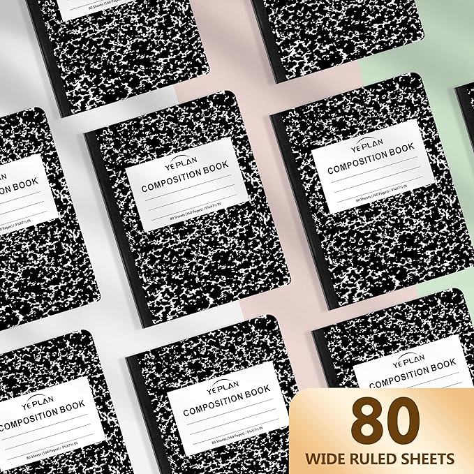 Yeplan Composition Notebooks 5 pack, Wide Ruled Notebook Paper, 9 3/4" x 7 1/2", 80 Sheets/160 Pages, Aesthetic Marble Composition Notebook for School & Office Supplies (5, Black)
