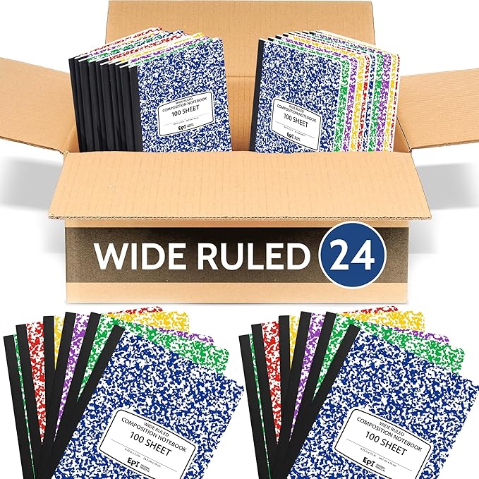 24 Pack - EPI Wide Ruled Marble Composition Notebook - Assorted Colors 200 Page Note Book - 9.75 x 7.5 Inch Hardcover Journal with Sewn Binding for Secure Pages - Classroom Back to School Supplies