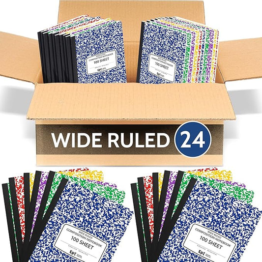 24 Pack - EPI Wide Ruled Marble Composition Notebook - Assorted Colors 200 Page Note Book - 9.75 x 7.5 Inch Hardcover Journal with Sewn Binding for Secure Pages - Classroom Back to School Supplies
