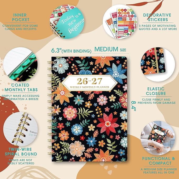Planner 2026-2027, Academic Year Planner - Daily, Weekly & Monthly Calendar, Jul 2026 - Jun 2027, 6.3" x 8.5", Spiral Notebook with Tabs, Stickers & Inner Pocket, Ideal for School, Office, Home