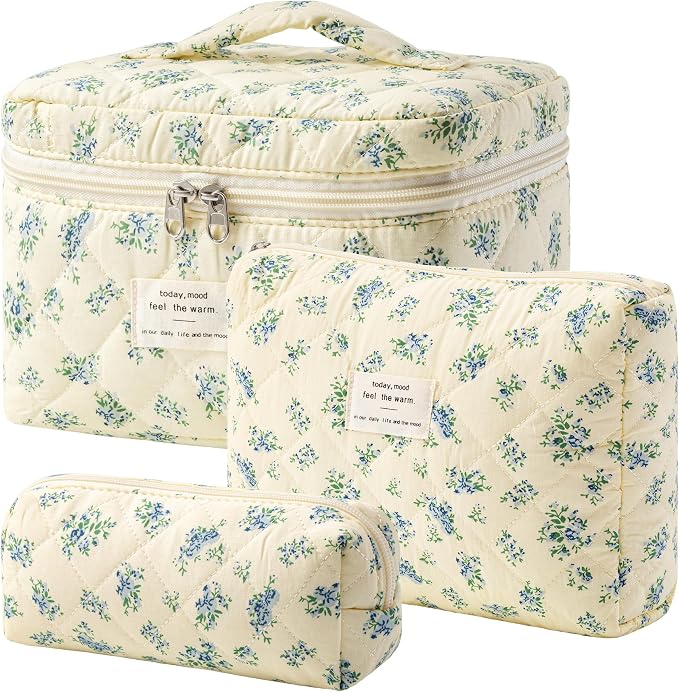 HBselect Quilted Makeup Bag, 3Pcs Cotton Large Travel Makeup Bags Organizer | Cute Floral Make up Bag Cosmetic Bag Toiletry Bag for Women Girls, Makeup Pouch for Skincare, Brushes & Travel Essentials