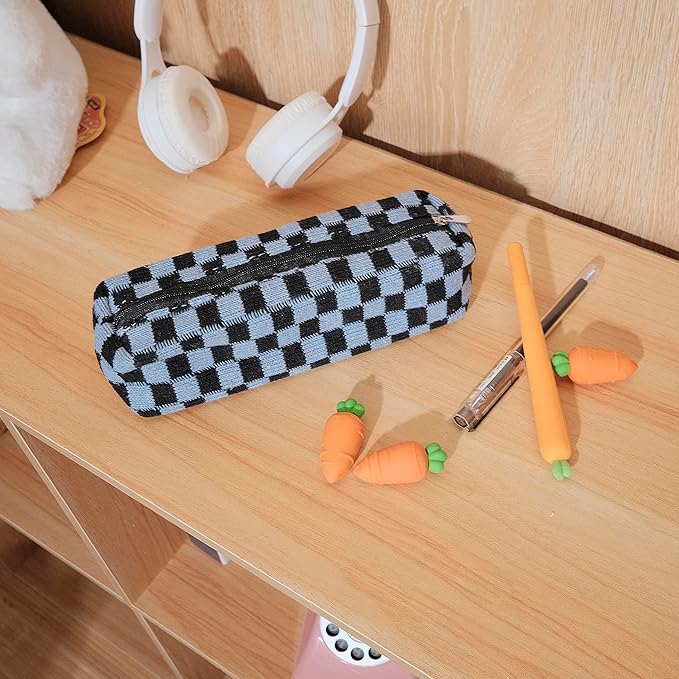 Pencil Case Pen Case Office College School Storage Bag Pouch Holder Box Organizer Makeup Pouch Cosmetic Bag Aesthetic Cute Pencil Case for Girls Boys Kids (Blue + Black)