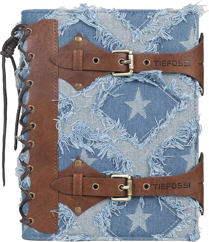 TIEFOSSI Denim Journal for Women Men, Vintage PU Leather Journals, College Ruled Notebook with 6 Ring Binder, Refillable Notebooks with Pockets for School Travel Sketch 7 x 9.2 in