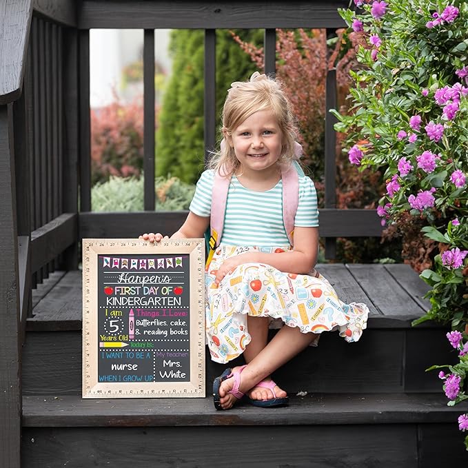 Bloom Owl First Day of School Chalkboard Sign - 11.5"x15" Reusable Back to School Photo Prop with Wooden Ruler Frame for Preschool, Kindergarten, and Beyond
