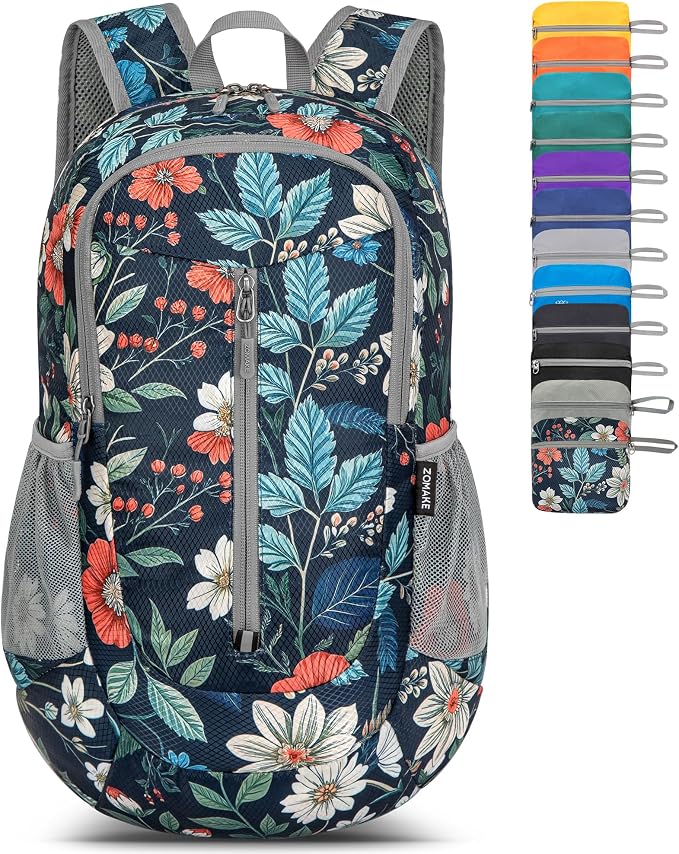 ZOMAKE Lightweight Packable Backpack 25L, Foldable Hiking Daypack | Water Resistant Small Folding Backpacks for Travel, Everyday Carry, Multi-Pocket Layout, Breathable Shoulder Strap