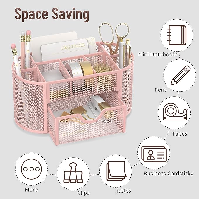 SUPEASY Mesh Desk Organizer, Desk Accessories & Workspace Organizers with Drawers, Pencil Holder for Desk with 9 Compartments for Office Suppliess, School, Classroom, 8.6 x 4.3 x 4.1 Inch, Pink