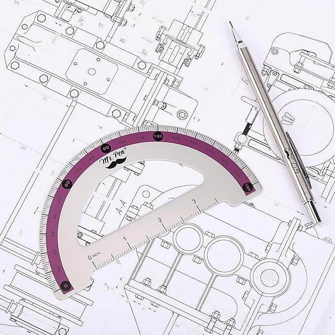 Mr. Pen- Metal Geometry Kit, 4 Pack, 45° & 30°/60° Set Squares, 6" Protractor & 12" Ruler, Durable Metal Drafting Tools for Technical Drawing, Math, Engineering & Architecture