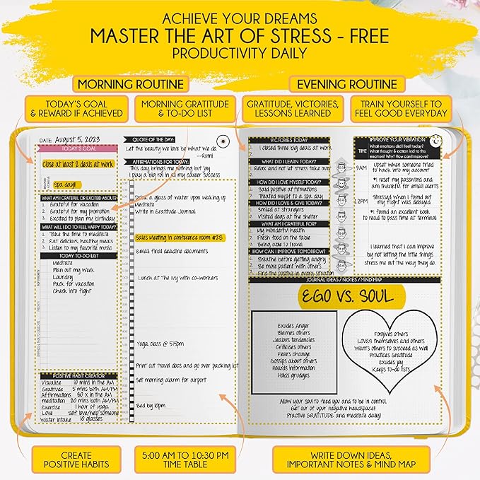 Gratitude Journal for Women and Men — 5 Minute Self Care Journal | Mindfulness, Manifestation, Affirmation | 3 Month Productivity Planner | Undated Daily Planner, Vision Board + Stickers