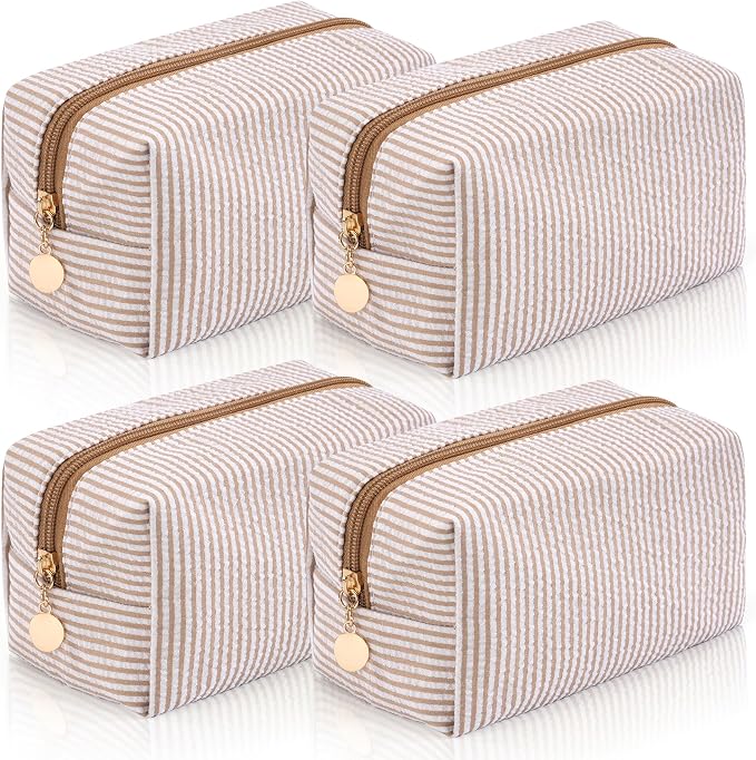 4PCS Makeup Bag Travel Toiletry Bag for Women, Small Cosmetic Bags Cute Brown Stripe Aesthetic Organizer Makeup Pouch for Purse Emergency Bag Pencil Case Accessory Bag