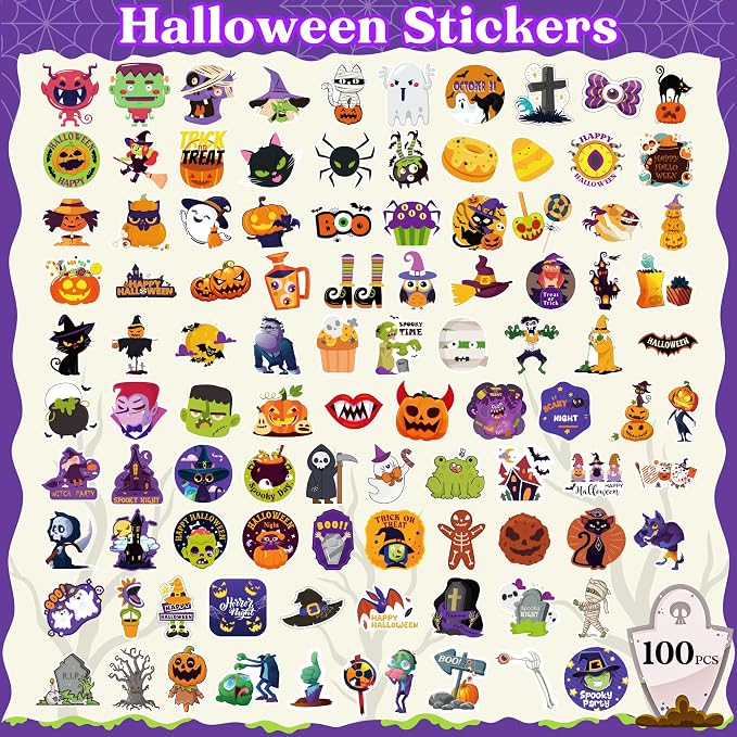 OHOME Halloween Stickers | 100 PCS Halloween Party Favors - Halloween Games Toys Gifts Party Supplies - Crafts Accessories Treats Bulk for Classroom