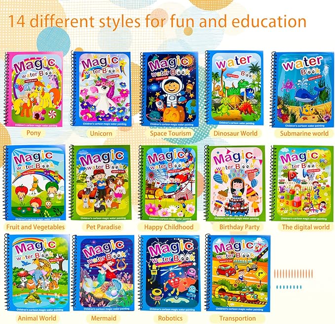 14 Pack Water Coloring Books,Water Doodle Book Toys,Reusable Water Painting Book for Toddlers,Educational Learning Kits Gifts,Best Birthday Gifts