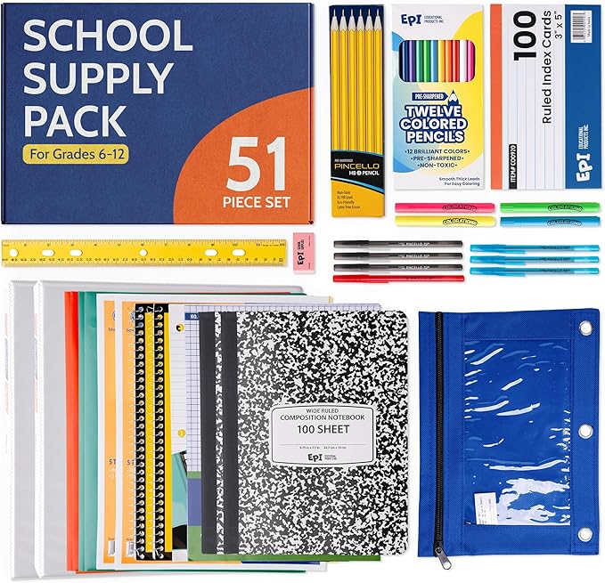 EPI Essentials Back to School Supplies for Kids 6th-12th Grade – 51 Items in Kit – Middle to High School Supply Packs – College-Ruled Bundle with Composition Notebooks – Suitable for Homeschooling