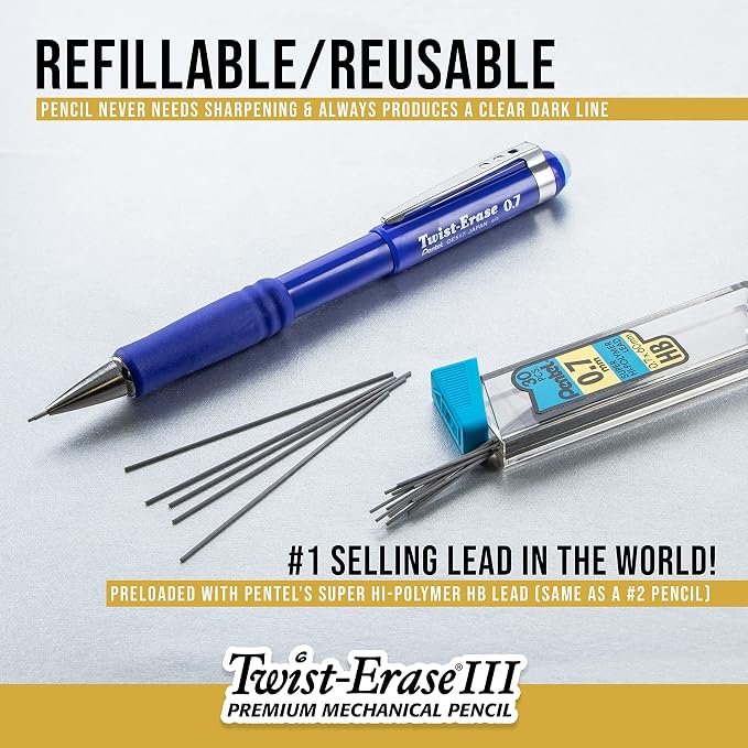 Pentel Twist-Erase III Mechanical Pencil, (0.5mm), Fine Line, Black Barrel, Pack of 4 (QE515BP4A)