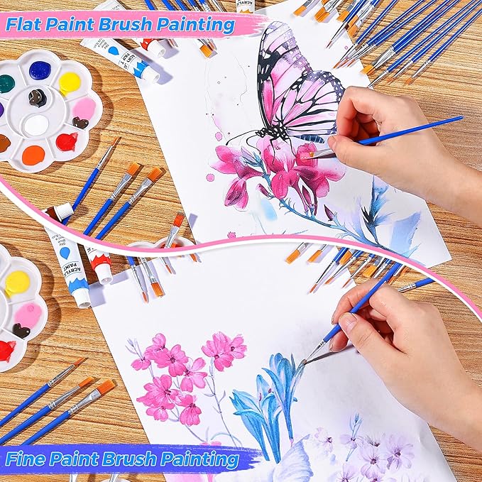 162 Pcs Paint Brushes Bulk, Round Flat Tip Acrylic Paint Brushes Set for Kids Classroom Crafts Oil Watercolor Canvases Face Painting Touch Up