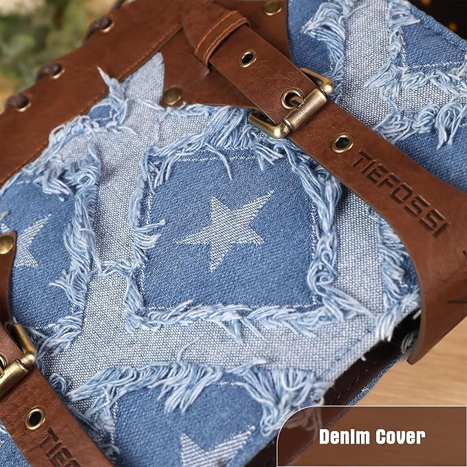 TIEFOSSI Denim Journal for Women Men, Vintage PU Leather Journals, College Ruled Notebook with 6 Ring Binder, Refillable Notebooks with Pockets for School Travel Sketch 7 x 9.2 in