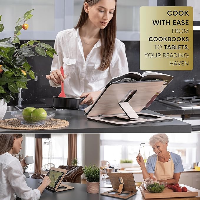 Vigo Wood Book Stand, Book Holder, Reading Stand, Cookbook Holder, Recipe Book Stand, Wooden Book Stands for Reading, Cookbook Stand for Kitchen, Book Holder for Reading in Bed (Cambridge)