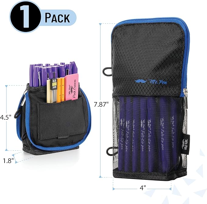 Mr. Pen- Standing Pencil Case Pouch, Sit & Lay Mesh-View Design, Black with Blue Zipper, Interior Pocket & 2 Elastic Binder Loops, Cute Pencil Case for Girls and Boys