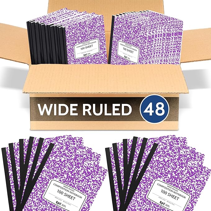 48 Pack - EPI Wide Ruled Marble Composition Notebook - Purple 200 Page Note Book - 9.75 x 7.5 Inch Hardcover Journal with Sewn Binding for Secure Pages - Classroom Back to School Supplies
