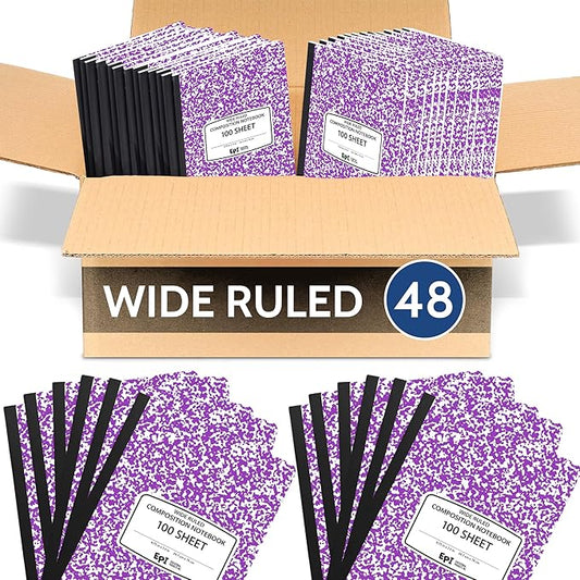 48 Pack - EPI Wide Ruled Marble Composition Notebook - Purple 200 Page Note Book - 9.75 x 7.5 Inch Hardcover Journal with Sewn Binding for Secure Pages - Classroom Back to School Supplies