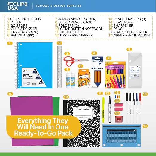 Back to School Supplies Kit 60 Piece, 12 Kits for K-5 Kids Bulk School Supplies Set School Supply Kit