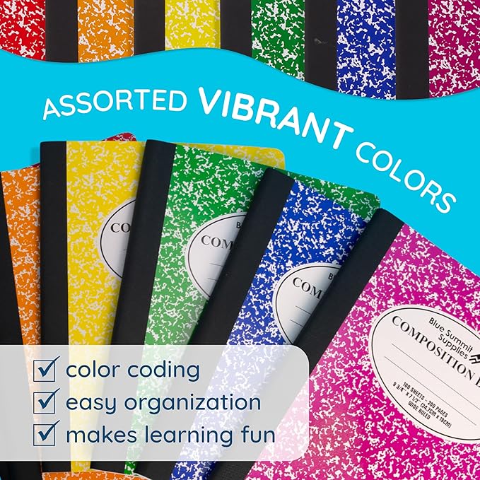 Blue Summit Composition Notebook Bulk, Assorted Color Composition Notebook Wide Ruled Bulk, Marble, 100 Sheets per Book, Bulk 48 Pack