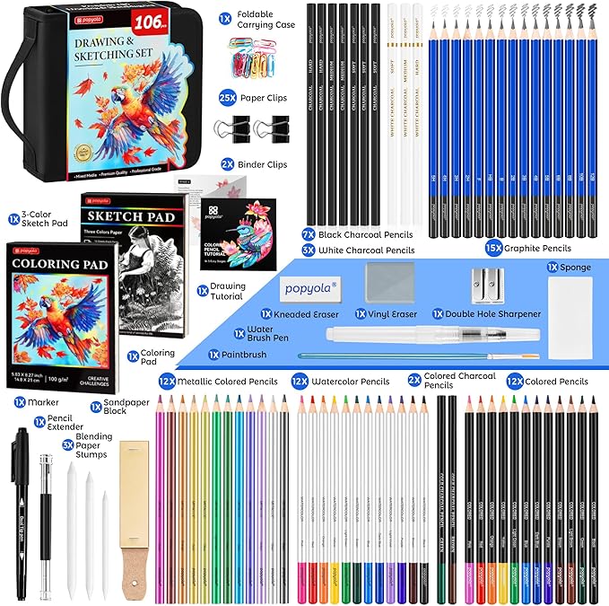 106 Pack Art Supplies Sketching Kit with 3-Color Sketchbook, Coloring Book, Tutorial, Graphite Colored Charcoal Watercolor & Metallic Pencils, Drawing Supplies Gift Case for Artists Beginners Adults