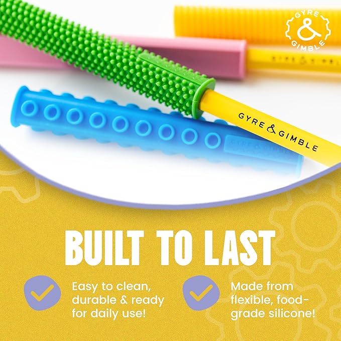 Gyre & Gimble Gidgets for #2 Pencils | Textured Silicone Pencil Sleeve for Quiet & Calm Fidgeting | 4 Sleeves & 2 Pencils | ADHD Sensory Tool for Kids & Adults