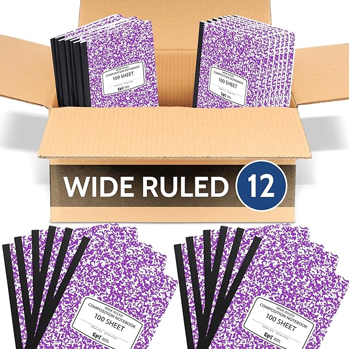 12 Pack - EPI Wide Ruled Marble Composition Notebook - Purple 200 Page Note Book - 9.75 x 7.5 Inch Hardcover Journal with Sewn Binding for Secure Pages - Classroom Back to School Supplies