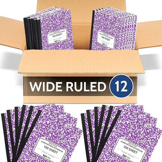 12 Pack - EPI Wide Ruled Marble Composition Notebook - Purple 200 Page Note Book - 9.75 x 7.5 Inch Hardcover Journal with Sewn Binding for Secure Pages - Classroom Back to School Supplies