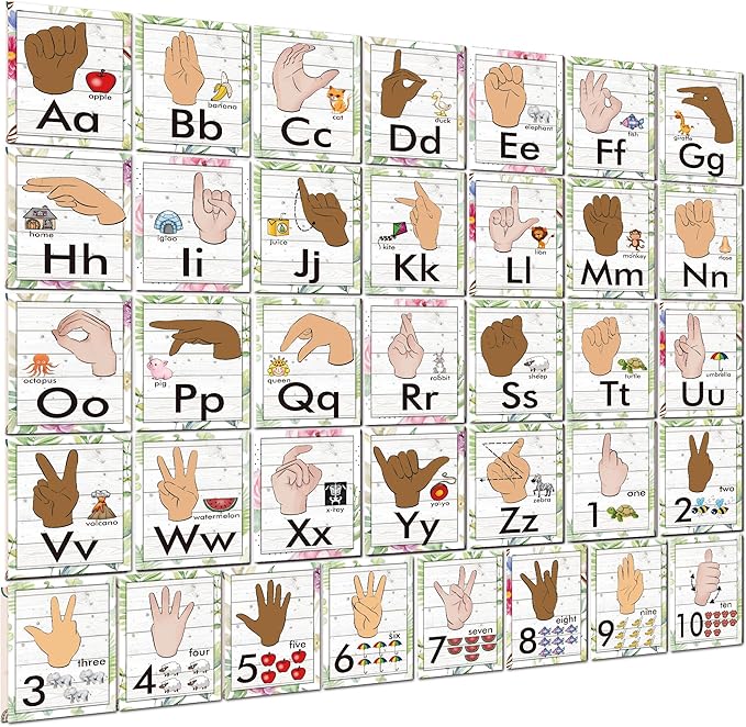 YIYDONG 36 Pieces ASL Alphabet Line Bulletin Board Set ABC Number Sign Language Flash Cards Wall Decorations for Pre-School Kindergarten Elementary Classroom Nursery Homeschool (Farmhouse)