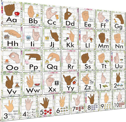 YIYDONG 36 Pieces ASL Alphabet Line Bulletin Board Set ABC Number Sign Language Flash Cards Wall Decorations for Pre-School Kindergarten Elementary Classroom Nursery Homeschool (Farmhouse)