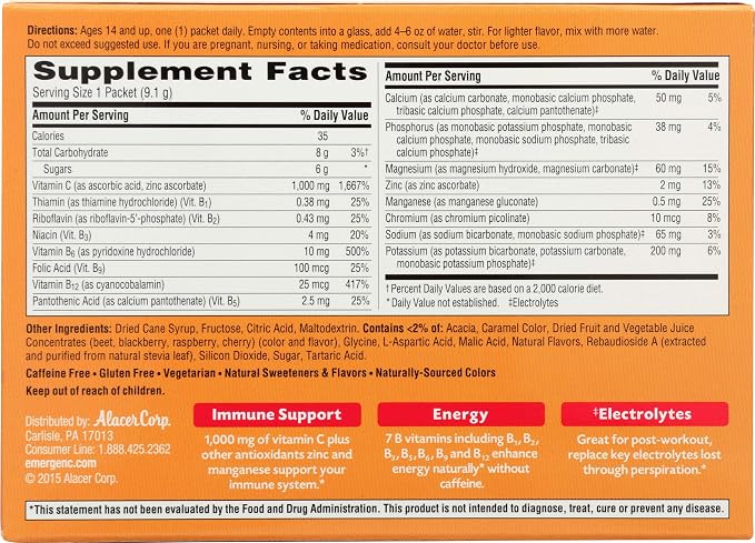 Emergen-C 1000mg Vitamin C Immune Support Powder Raspberry 30CT Includes Zinc, Manganese, 7 B Vitamins and Electrolytes for Back to School Essentials (Pack of 12)
