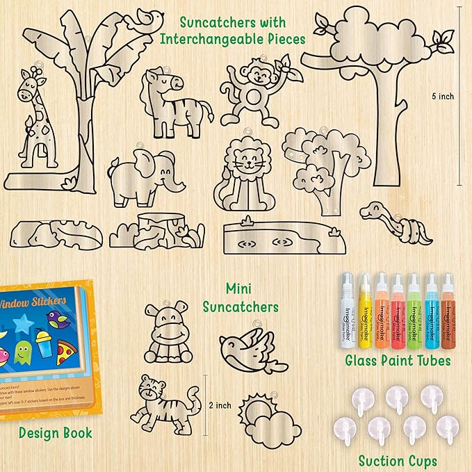Imagimake Window Art Jungle | 16-Piece Glass Paint & Suncatcher Kit | Craft & Discover Animals | Art Kit for Kids| 5 Year Old Boy Gifts | Birthday Gifts for Boys & Girls Ages 5,6,7,8,9,10,11,12