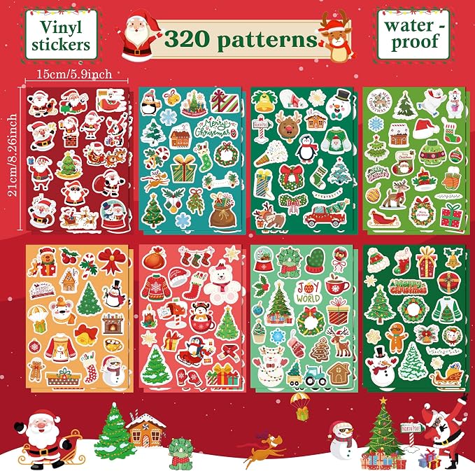 OHOME Stocking Stuffers | 320 PCS Christmas Stickers - Toddler Stocking Stuffers | Kids for Boys Girls Grandkids,Vinyl Xmas Games Crafts Activities Party Favors Supplies