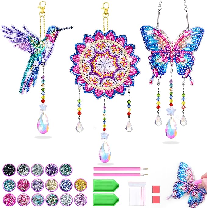 Crafts for Girls 8-12, Diamond Art Kits for Girls Ages 10-12, 3 PCS Diamond Art, DIY Suncatchers & Wind Chime Kits for Kids, Great Arts & Crafts Birthday Gift, Pretty Home/Garden/Backpack décor