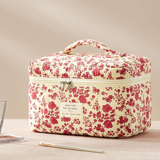 HBselect Quilted Makeup Bag, 3Pcs Cotton Large Travel Makeup Bags Organizer | Cute Floral Make up Bag Cosmetic Bag Toiletry Bag for Women Girls, Makeup Pouch for Skincare, Brushes & Travel Essentials