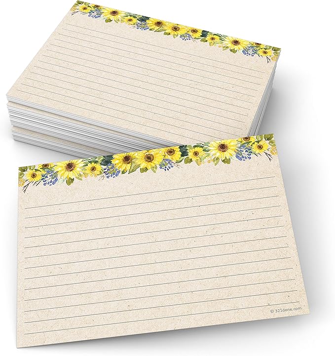 321Done Jumbo Sunflower Index Cards - Made in USA - Large Size 5x7 (Set of 50), Sun Flowers Rustic Kraft Tan College-Ruled Lined Notecards Double-Sided, Thick Heavy Duty Cardstock, Simple Lines, XL