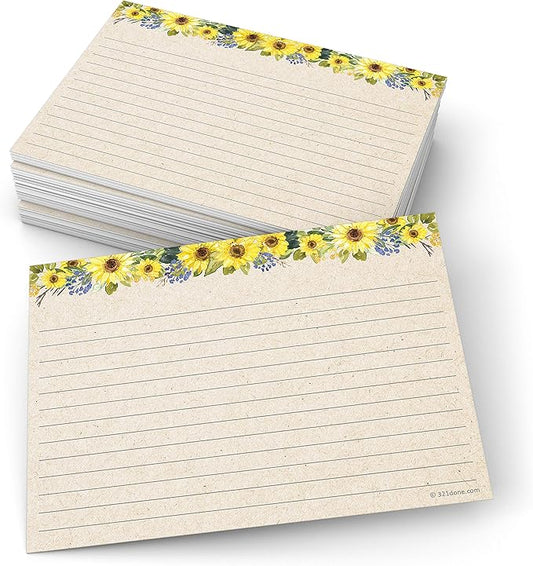 321Done Jumbo Sunflower Index Cards - Made in USA - Large Size 5x7 (Set of 50), Sun Flowers Rustic Kraft Tan College-Ruled Lined Notecards Double-Sided, Thick Heavy Duty Cardstock, Simple Lines, XL