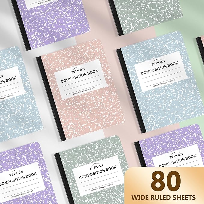 Composition Notebooks 4 pack, Wide Ruled Notebook Paper, 9 3/4" x 7 1/2", 80 Sheets/160 Pages, Pastel Marble Hard Cover Composition Notebook, Aesthetic School & Office Supplies (4, Pastel Colors)