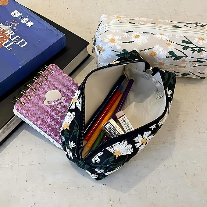 Cute Pencil Case Aesthetic Student Pencil Pouch Coin Pen Pouch Cosmetic Bag Office Stationery Organizer For Kids Teen School (Flowers-L)