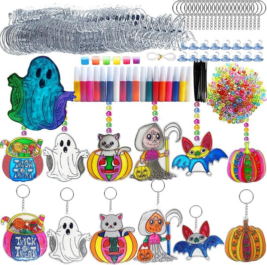 Ayhuhra 30 Set Halloween Suncatcher Keychain Craft Kits, DIY Window Art | Witch, pumpkin, bat, cat and ghost crafts for Halloween parties, trick or treat decor, spooky windows, and fall art projects