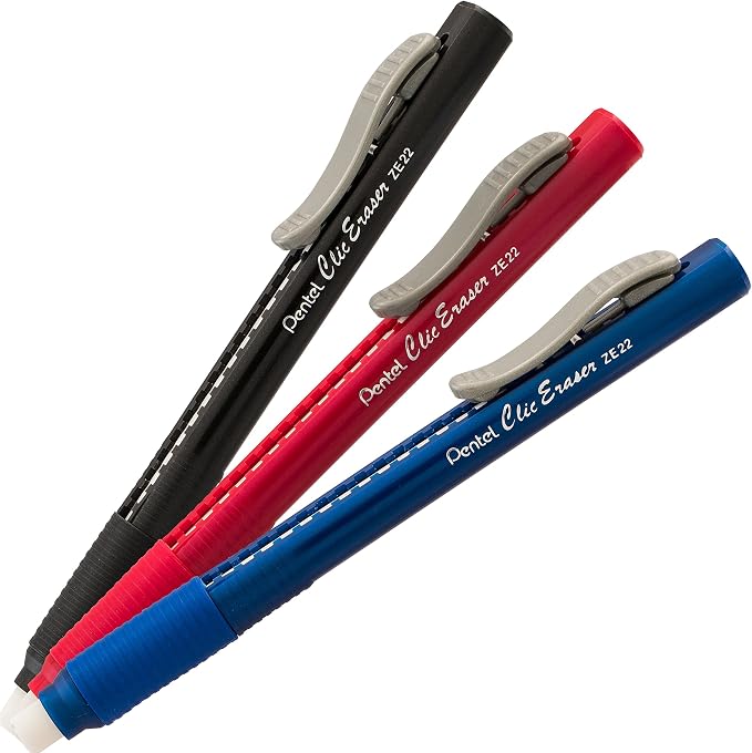 Pentel Clic Retractable Eraser with Grip, Assorted Barrel Colors (ZE21BP3M) (Pack of 3)