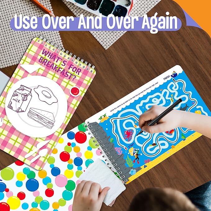 SpriteGru 2 Travel Game Pads, 61 Dry Erase Activities Games Reusable & Erasable Book, Fun Brain Challenge Games Interesting Educational Toy and Learning Tool for Road Trip Airplane Travel
