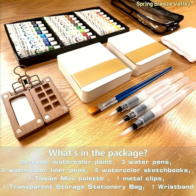 Mini Watercolor Set, Travel Watercolor Paint Set, Including 24 Watercolor Paints, Brushes, Sketchbook, And A binder Clip, Suitable For Adult Beginners, Artists, And Painting Enthusiasts