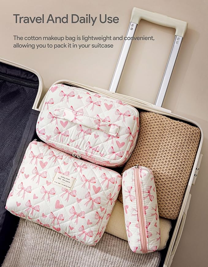 HBselect Quilted Makeup Bag, 3Pcs Cotton Large Travel Makeup Bags Organizer | Cute Floral Make up Bag Cosmetic Bag Toiletry Bag for Women Girls, Makeup Pouch for Skincare, Brushes & Travel Essentials