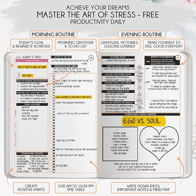 Gratitude Journal for Women and Men — 5 Minute Self Care Journal | Mindfulness, Manifestation, Affirmation | 3 Month Productivity Planner | Undated Daily Planner, Vision Board + Stickers