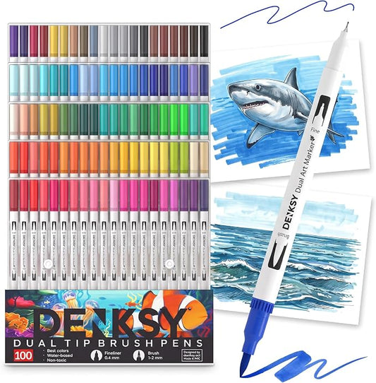 100 Watercolor Markers Set | Water Color Pens with Brush & Fineliner, Water-Based Art Markers | Dual Tip Markers for Adult Coloring, Lettering, Calligraphy, Sketching, Journaling & Illustration