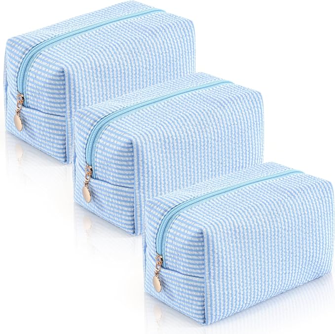 3PCS Makeup Bag Travel Toiletry Bag for Women, Small Cosmetic Bags Cute Blue Stripe Aesthetic Organizer Makeup Pouch for Purse Emergency Bag Pencil Case Accessory Bag