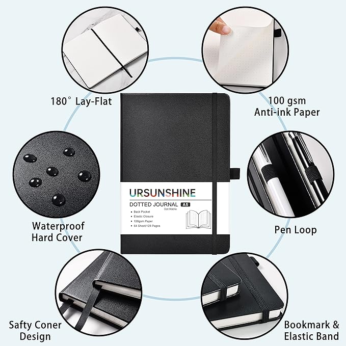 Dotted Journal/Notebook - Dot Grid Hard Cover Notebook, Premium Thick Paper with Fine Inner Pocket, Black Smooth Faux Leather, Pen Loop, 5.3''×8.26'' - Black